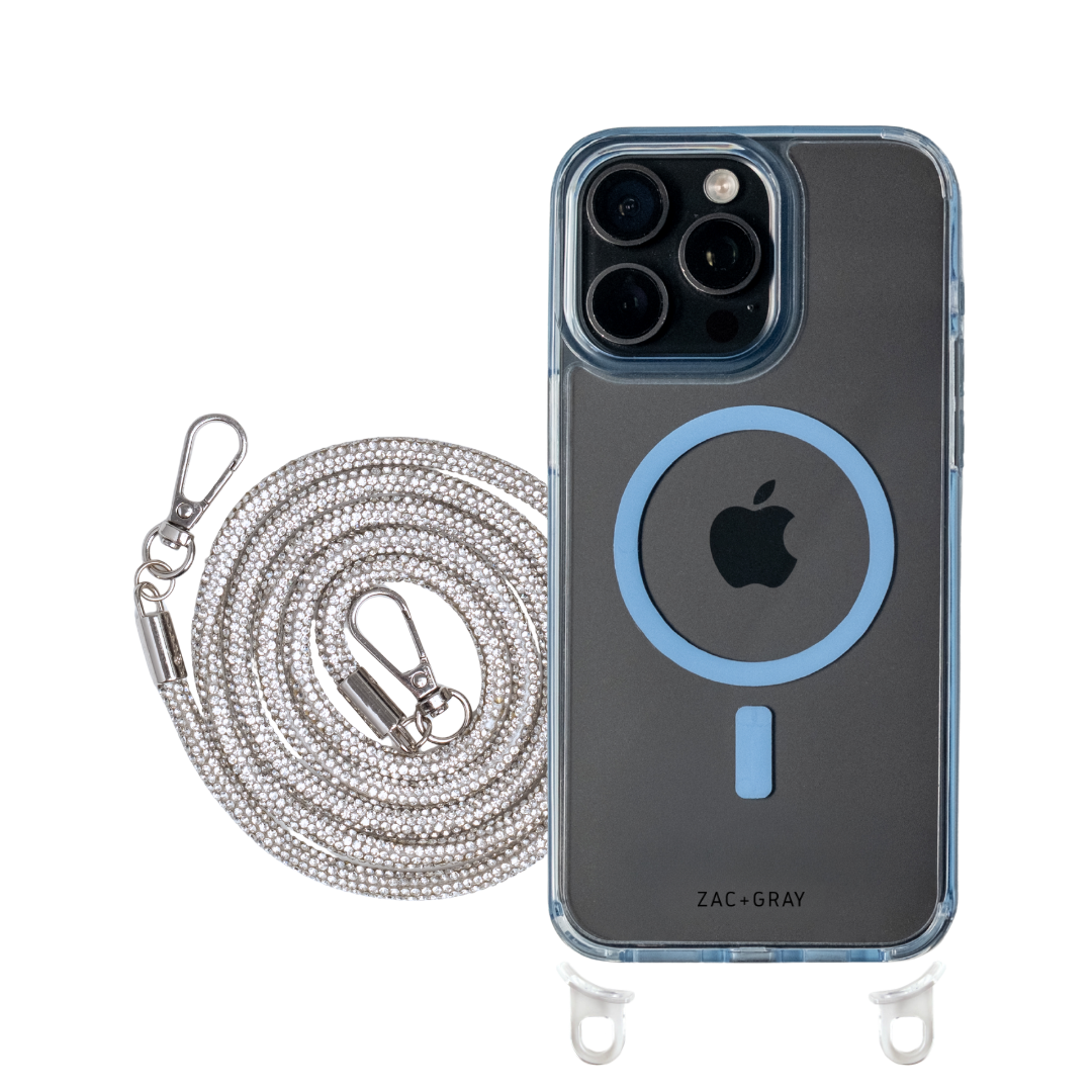 iPhone 15 SKY BLUE TRANSPARENT CASE + CRYSTAL CORD