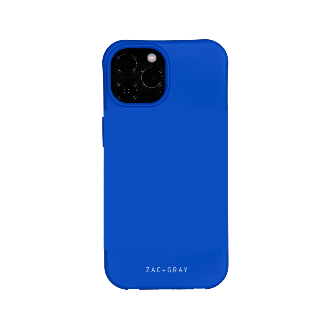 a blue iphone case sitting on top of a white surface