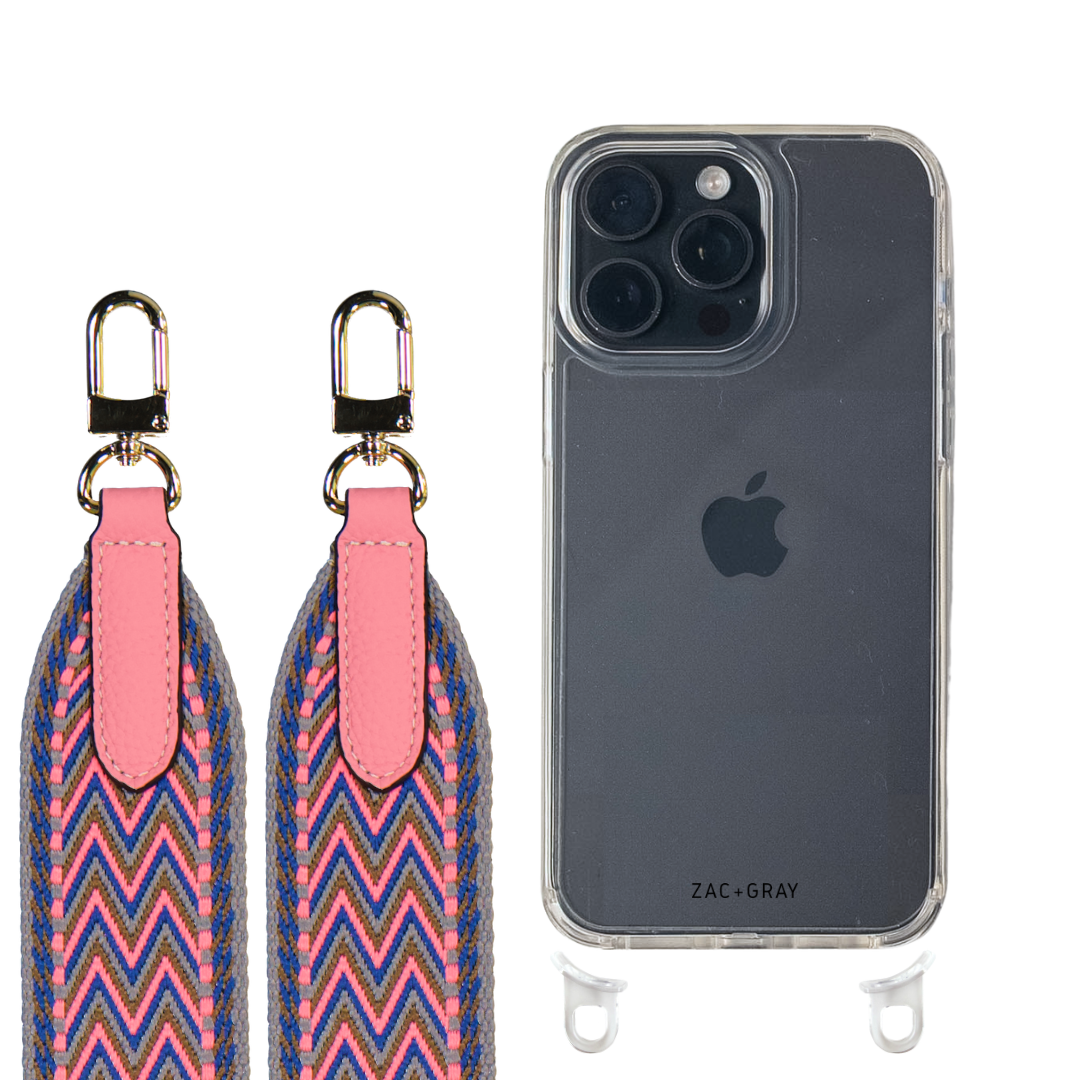 iPhone 16 Pro CRYSTAL CLEAR TRANSPARENT CASE + PATTERNED STRAP