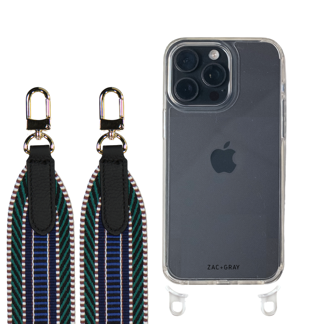 iPhone 16 Pro CRYSTAL CLEAR TRANSPARENT CASE + PATTERNED STRAP