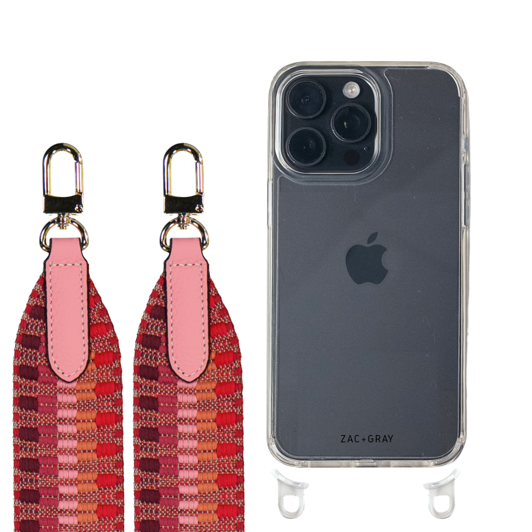 iPhone 16 Pro CRYSTAL CLEAR TRANSPARENT CASE + PATTERNED STRAP