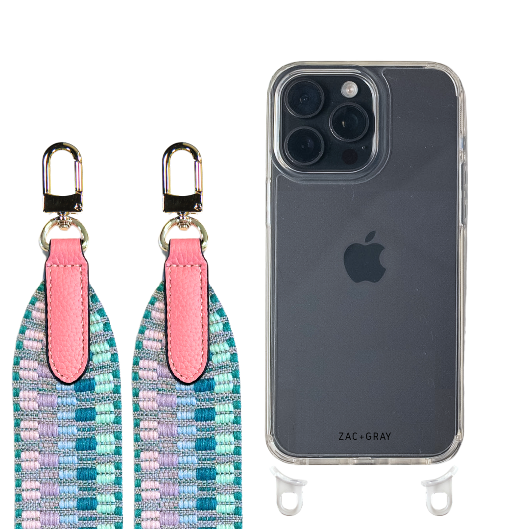 iPhone 16 Pro CRYSTAL CLEAR TRANSPARENT CASE + PATTERNED STRAP