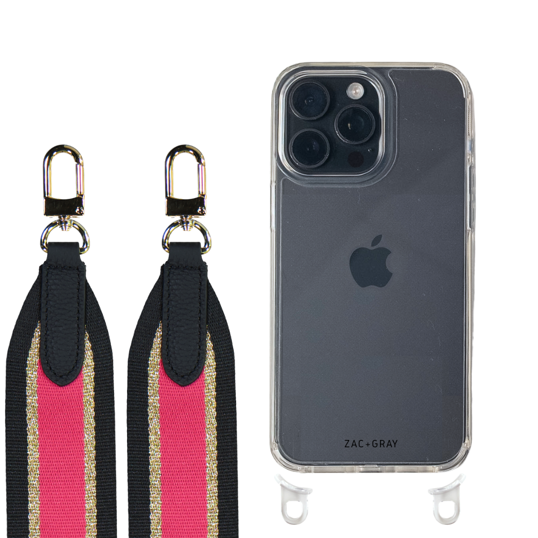 iPhone 16 Pro CRYSTAL CLEAR TRANSPARENT CASE + PATTERNED STRAP