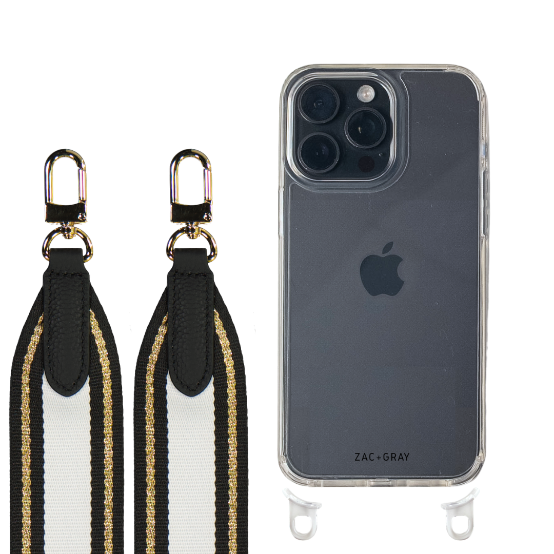 iPhone 16 Pro CRYSTAL CLEAR TRANSPARENT CASE + PATTERNED STRAP