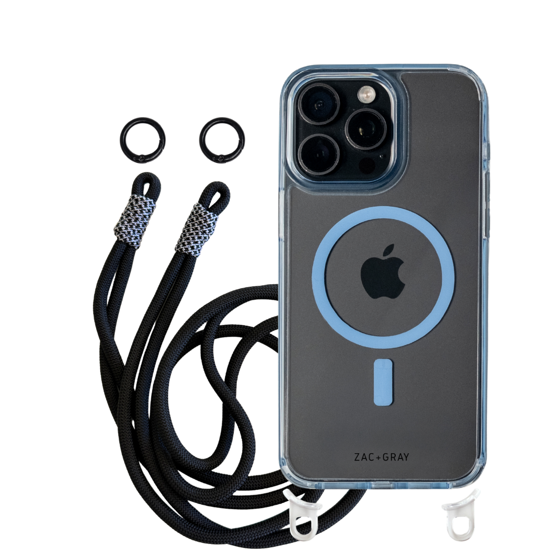 iPhone 16 Pro Max SKY BLUE TRANSPARENT CASE + KNOTTED CORD