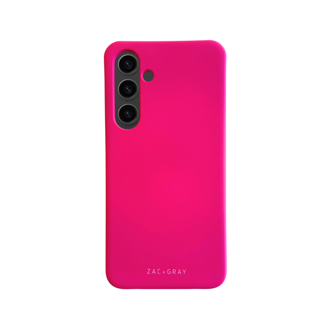 the back of a pink case on a white background