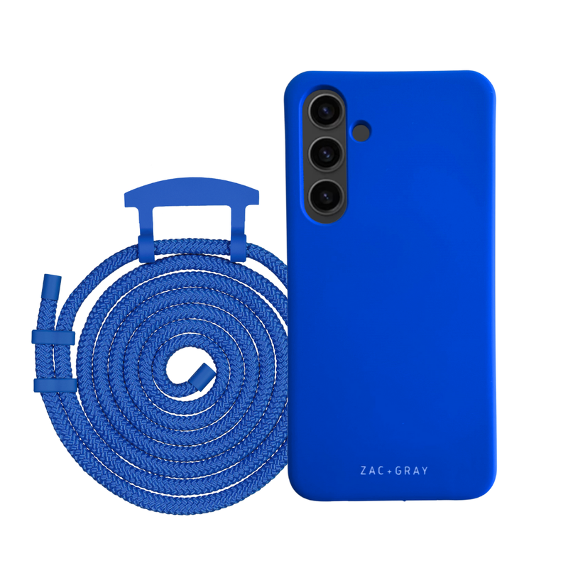 a blue phone case next to a blue hose