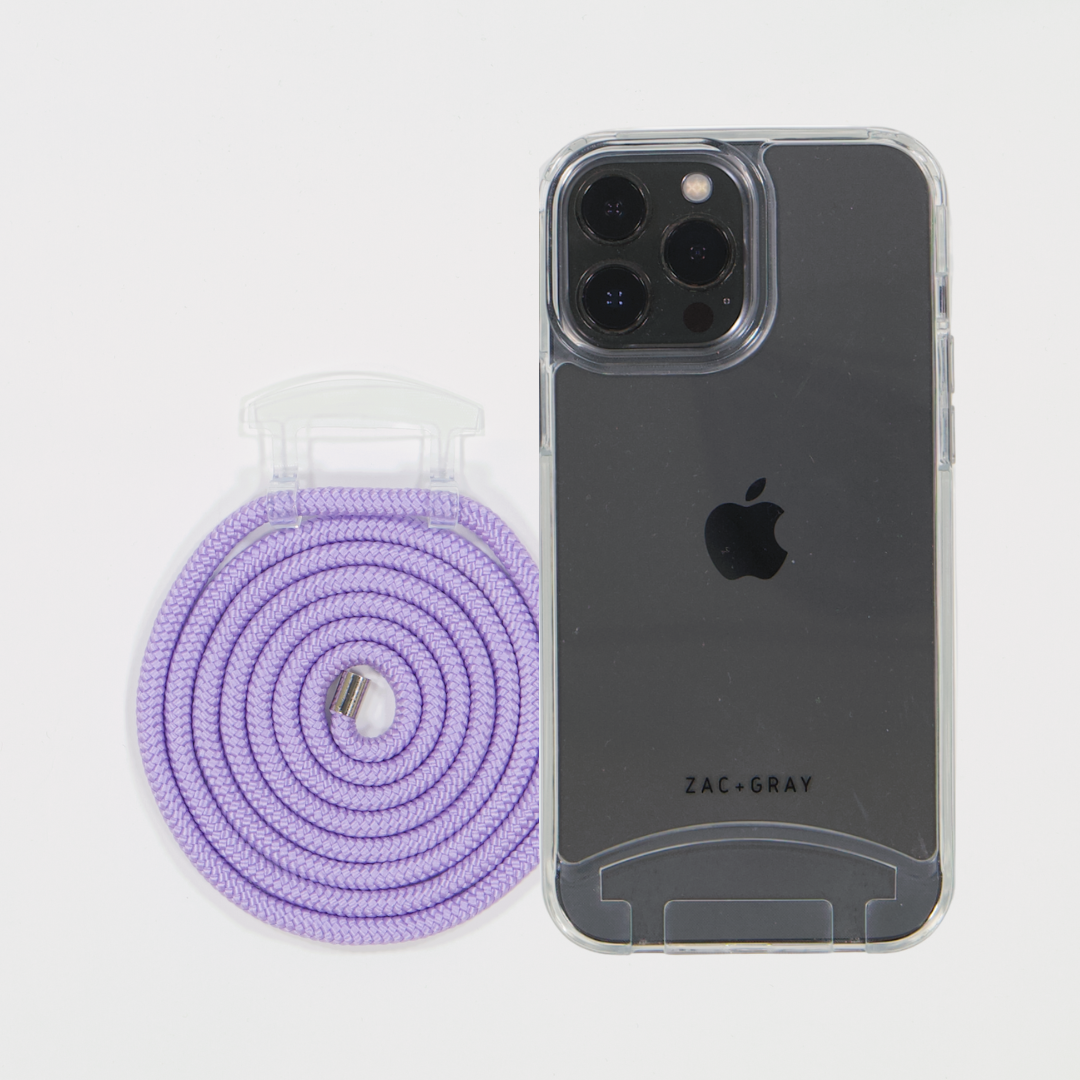 iPhone 14 Plus TRANSPARENT CASE + LAVENDER CORD